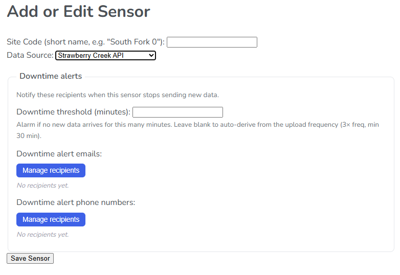 Add Sensor form with Data Source set to Geronimo IoT API