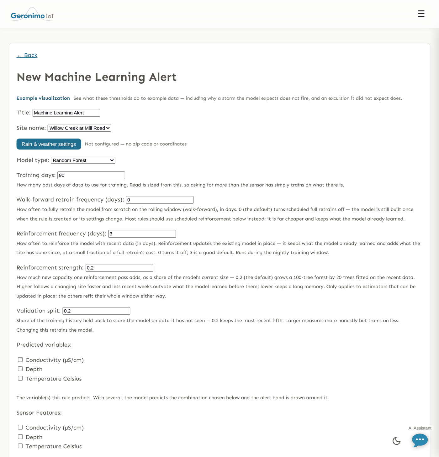 The New Machine Learning Alert form with Site name set to Willow Creek at Mill Road. An "Example visualization" link sits at the top. Model type is Random Forest; Training days 90; Walk-forward retrain frequency 0 days, explained as turning scheduled full retrains off; Reinforcement frequency 3 days and Reinforcement strength 0.2, explained as growing a 100-tree forest by 20 trees fitted on the recent data; Validation split 0.2. Below them "Predicted variables" and "Sensor Features" are each a list of tick boxes reading Conductivity, Depth and Temperature Celsius - the chosen sensor's own columns.