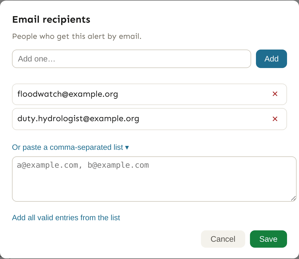 The Email recipients dialog. A heading "Email recipients" over the line "People who get this alert by email", an "Add one..." box with an Add button, then two entries listed as removable rows: floodwatch@example.org and duty.hydrologist@example.org. Below them the expanded "Or paste a comma-separated list" area shows a textarea prompting for a@example.com, b@example.com and a link reading "Add all valid entries from the list", with Cancel and Save at the foot.