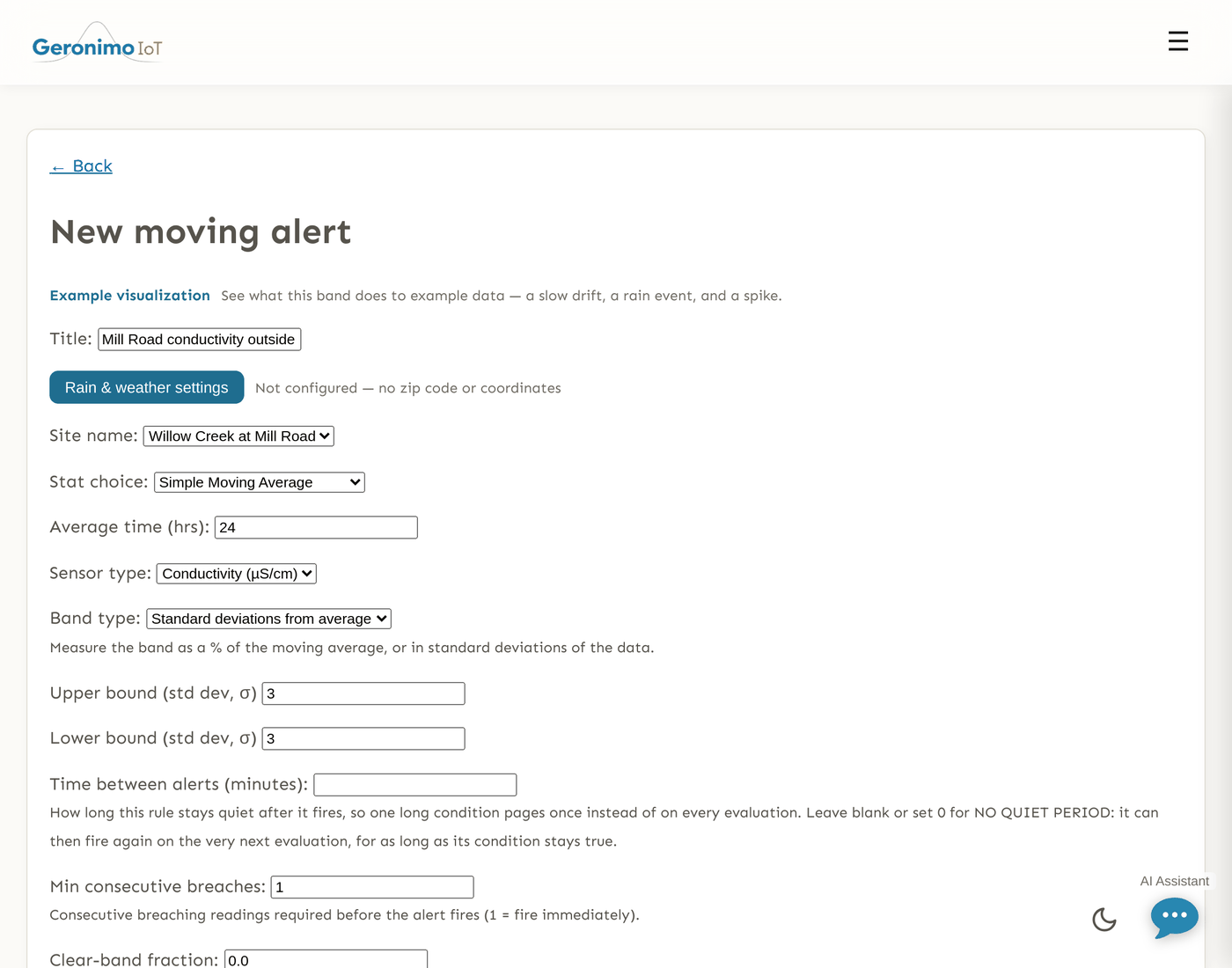 The New moving alert form, filled in. Title reads "Mill Road conductivity outside its 24 h band"; Site name is "Willow Creek at Mill Road", Stat choice "Simple Moving Average", Average time 24 hours, Sensor type "Conductivity", Band type "Standard deviations from average", and the two bound fields - whose labels have changed to read sigma rather than percent - are both set to 3.