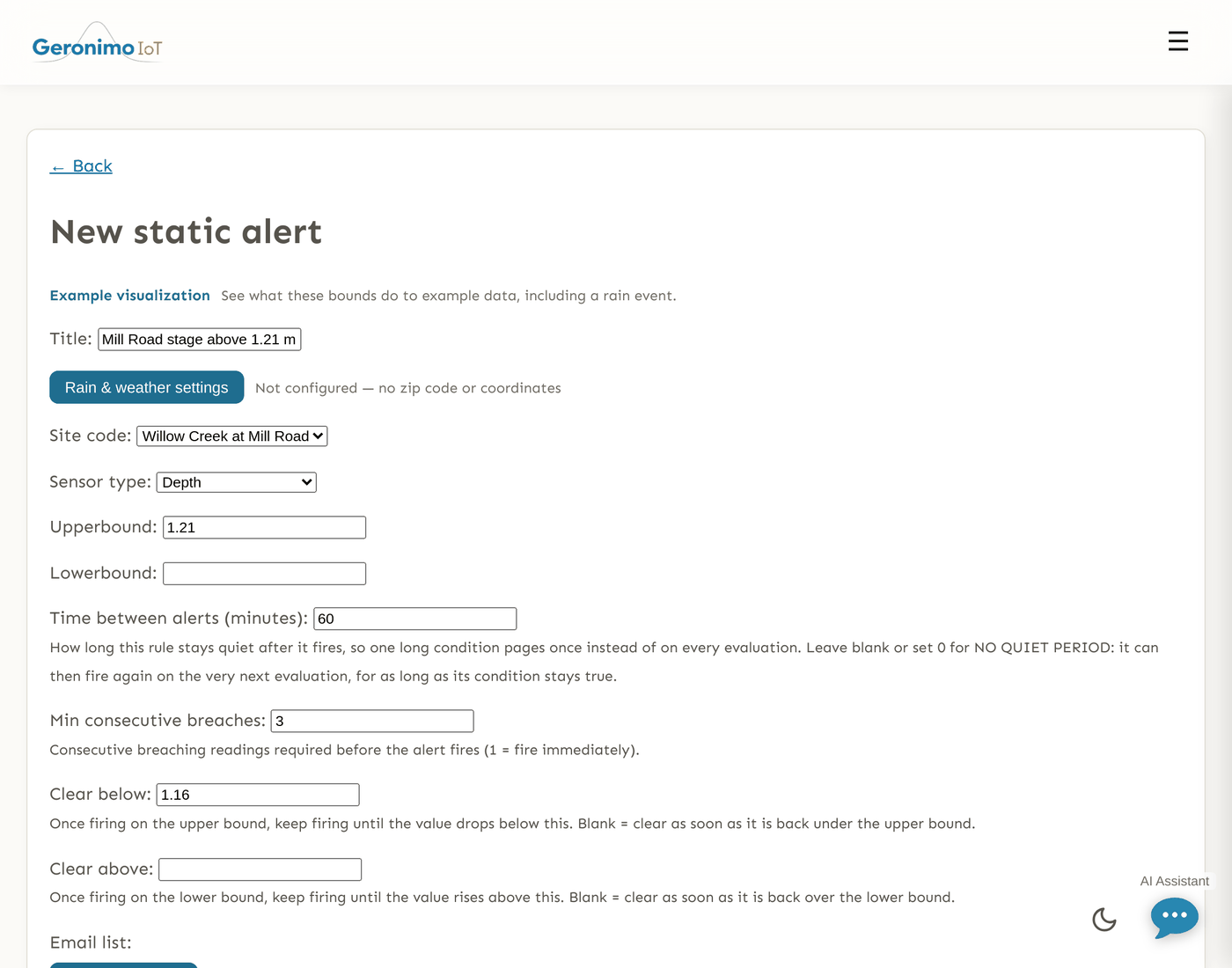 The New static alert form, filled in. An "Example visualization" link sits above the fields. Title reads "Mill Road stage above 1.21 m"; a "Rain & weather settings" button is annotated "Not configured - no zip code or coordinates"; Site code is "Willow Creek at Mill Road", Sensor type "Depth", Upperbound 1.21, Lowerbound empty, Time between alerts 60 minutes, Min consecutive breaches 3, Clear below 1.16 and Clear above empty. Each field carries a sentence of help beneath it.