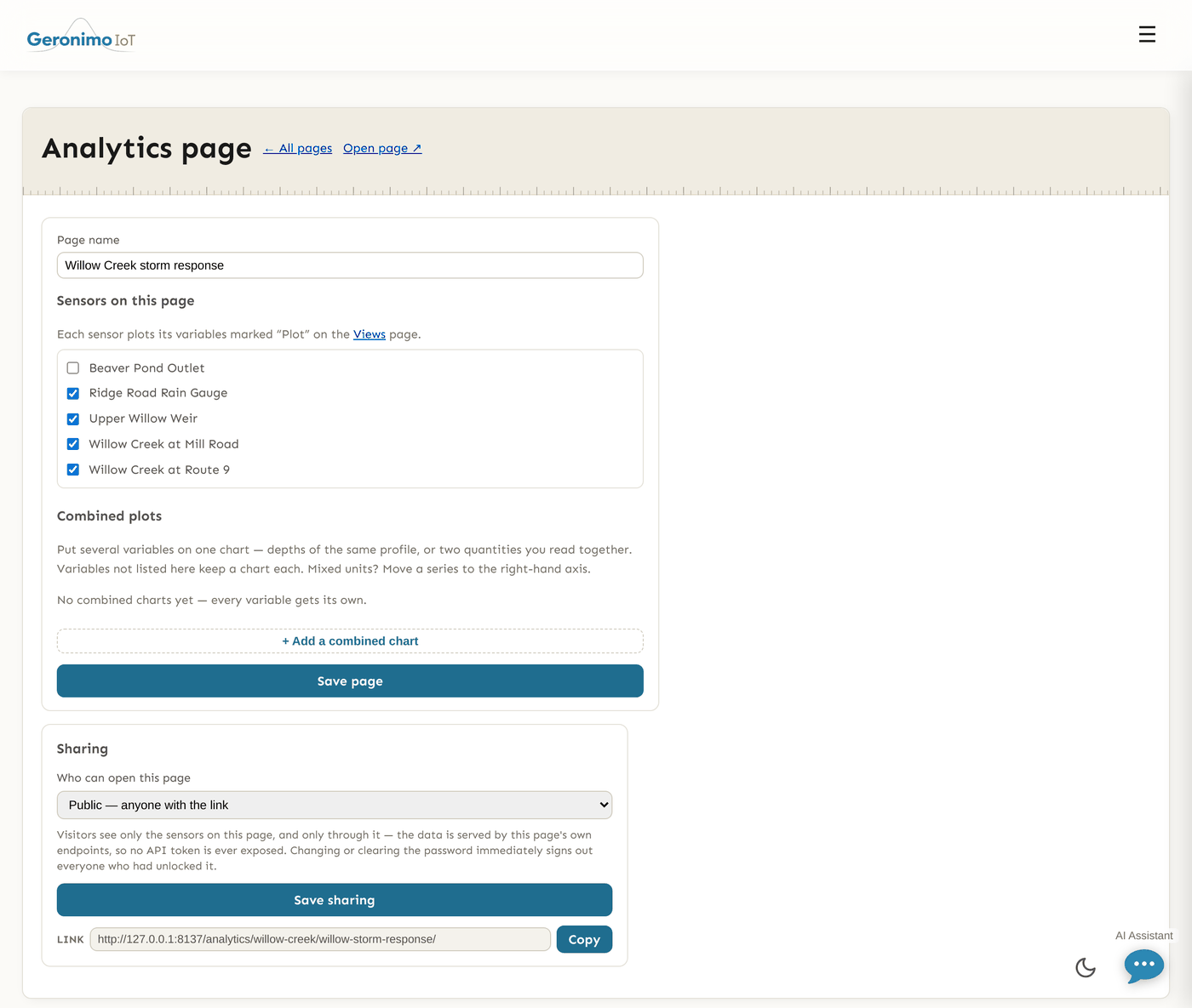 The builder for the "Willow Creek storm response" page. A sensor list with tick boxes for the four stations on the page, controls for adding a combined chart, and a sharing panel offering group, password and public visibility.