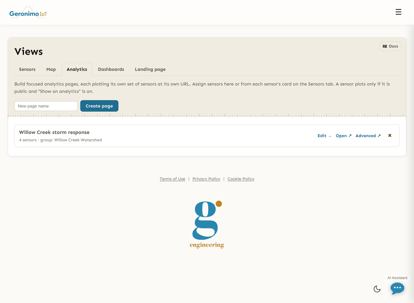 The saved analytics pages list, showing one page named "Willow Creek storm response" with its visibility and a link to open its builder, above a button for creating another.