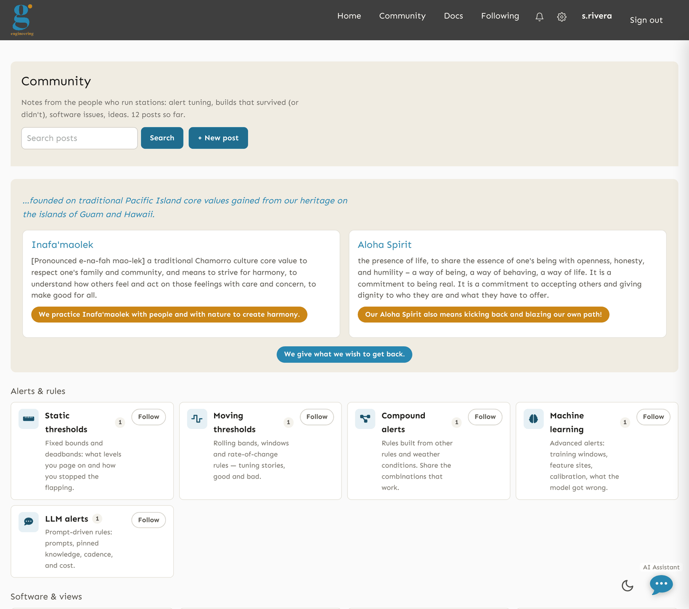 The Community hub. A heading and a search box with a "+ New post" button, then a banner quoting the board's two named values, Inafa'maolek and Aloha Spirit, each with a short definition. Below them the section families: an "Alerts & rules" row with cards for Static thresholds, Moving thresholds, Compound alerts, Machine learning and LLM alerts, each with a post count and a Follow button, and a "Software & views" row beginning beneath.