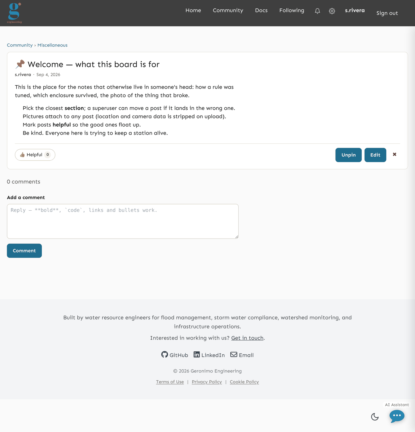 A single community thread: its title, section and author, the body rendered from Markdown with headings, a bulleted list and a fenced code block, and the reply controls beneath it.