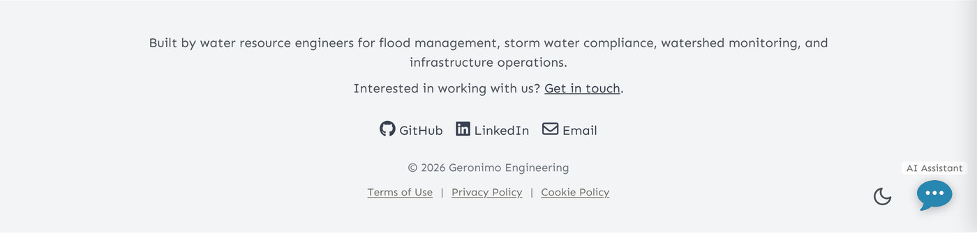 The site footer: three links reading Terms of Use, Privacy Policy and Cookie Policy, separated by vertical bars, above the Geronimo Engineering mark.