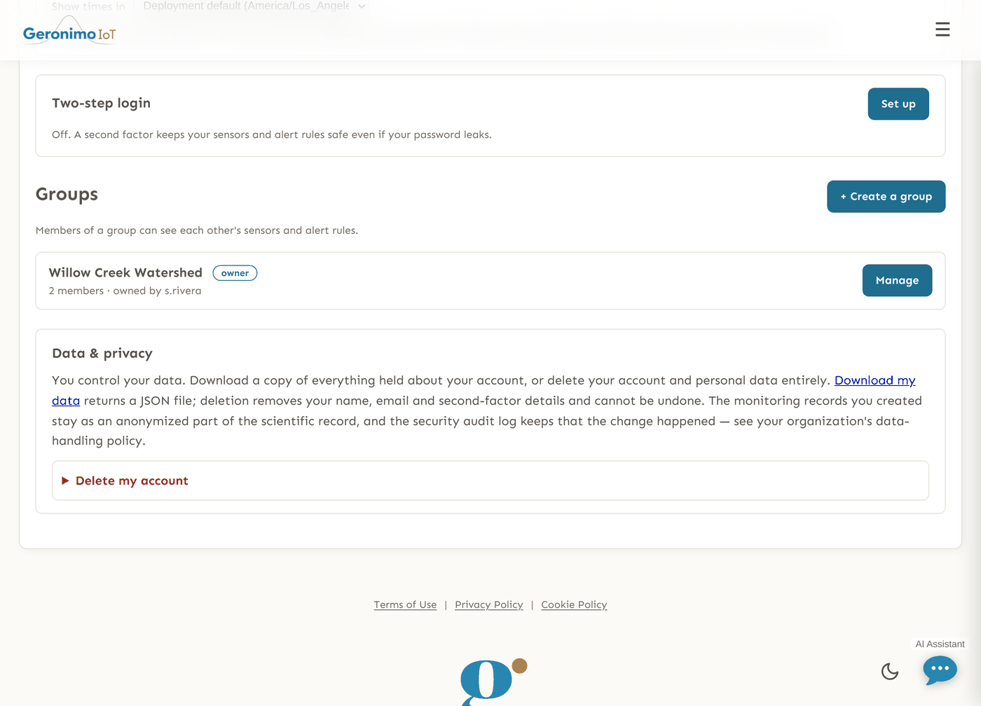 The Data & privacy panel on the profile page. Its text reads "You control your data. Download a copy of everything held about your account, or delete your account and personal data entirely. Download my data returns a JSON file; deletion removes your name, email and second-factor details and cannot be undone. The monitoring records you created stay as an anonymized part of the scientific record, and the security audit log keeps that the change happened." Beneath it a red "Delete my account" disclosure. Above it the Groups list shows Willow Creek Watershed with an owner badge, and above that the Two-step login card.
