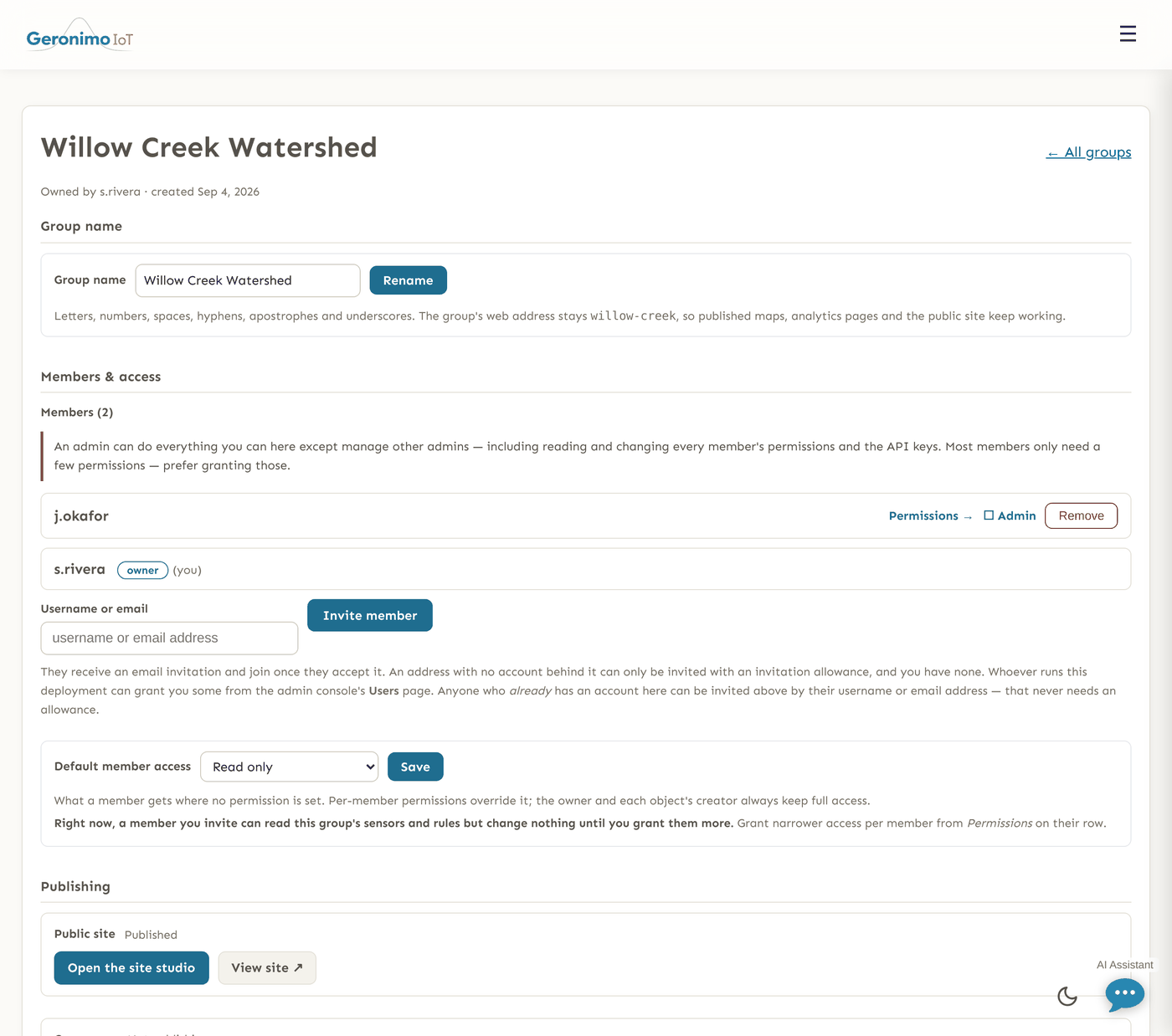 The group page for Willow Creek Watershed. Panels for inviting a member by email, setting the default member access, and a public site section with the site address and its on/off switch, alongside the list of current members.