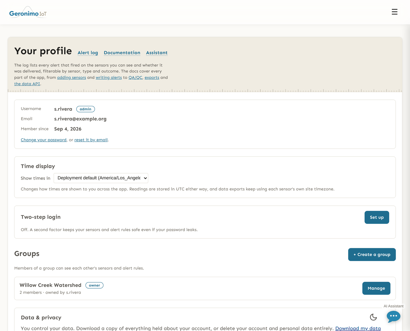 The profile page for the signed-in account, showing the account's name and email, links out to the alert log, the documentation and the assistant, a Two-step login card offering an authenticator app and a phone number, a Data & privacy card with "Download my data" and "Delete my account", and a Groups list naming Willow Creek Watershed with an owner badge.
