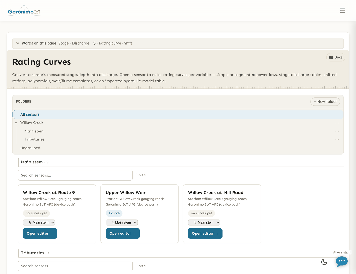 The rating-curves landing page, one card per sensor grouped by folder, each saying how many curves it has and offering a link into its workbench.