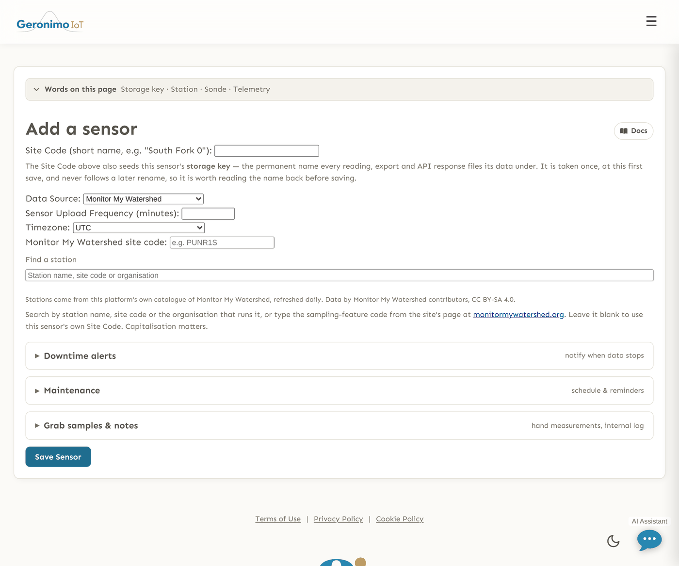 The Add a New Sensor form. Site code and Storage key fields at the top, then Folder and Station pickers, a Data Source select, and the public/analytics/map switches, with a sentence of help under each field.