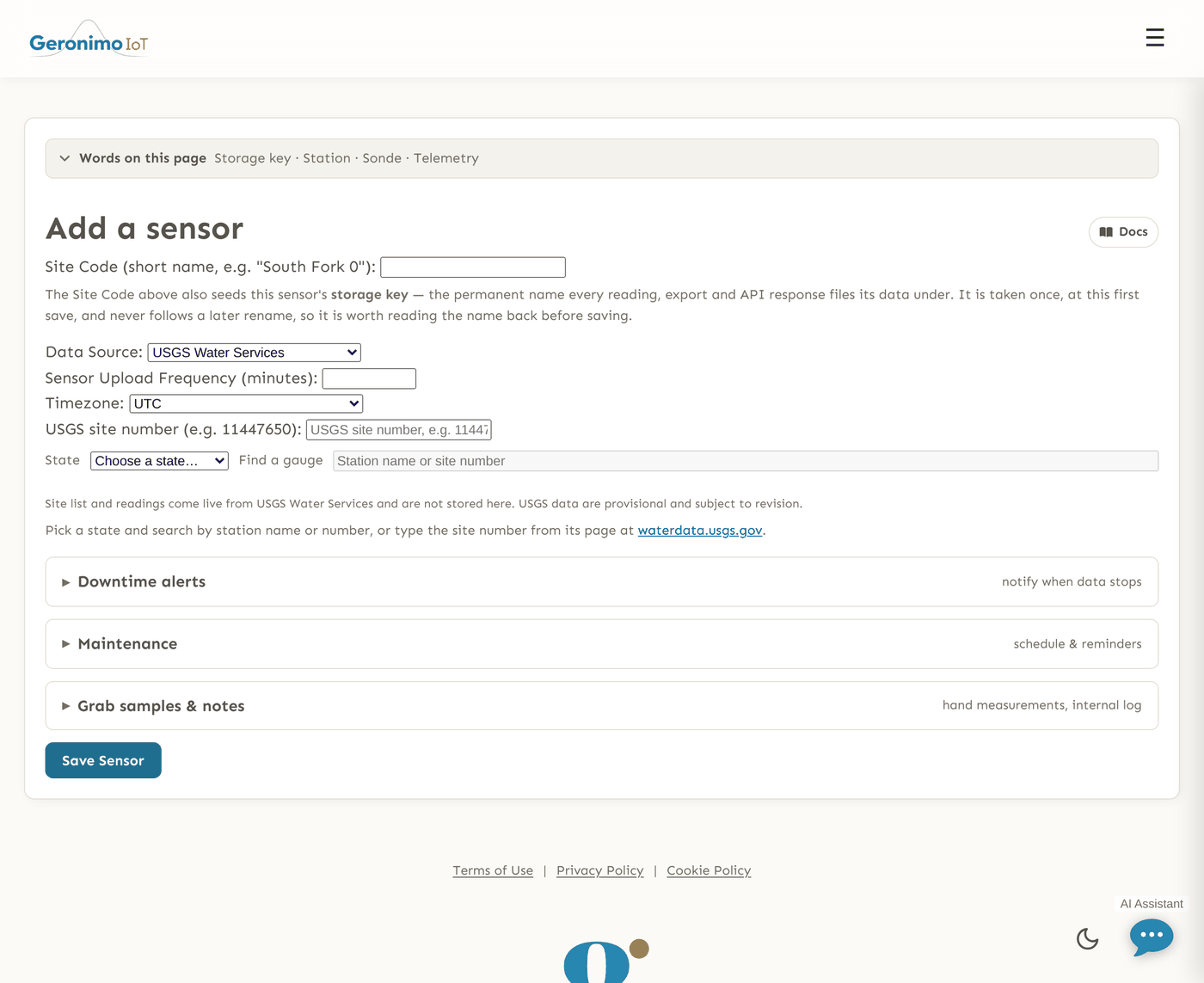 The Add a New Sensor form with Data Source set to USGS Water Services. A "USGS site id" field has appeared beneath the source, alongside the polling frequency and timezone fields that a polled source needs.